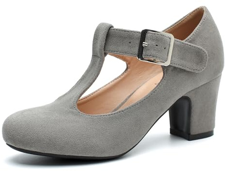 Women's T-Strap Mary Jane Pumps Low Block Chunky Heels Closed Round Toe Dress Wedding Office Work Shoes