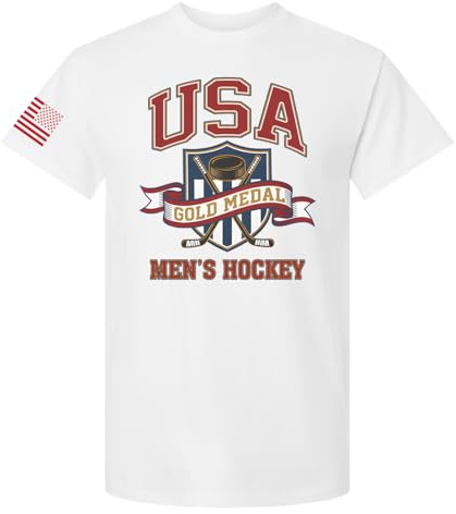 Trenz Shirt Company Men's Hockey Gold Medal T-Shirt - 2026 USA Champions Shield & Ribbon Graphic Tee-White-Large