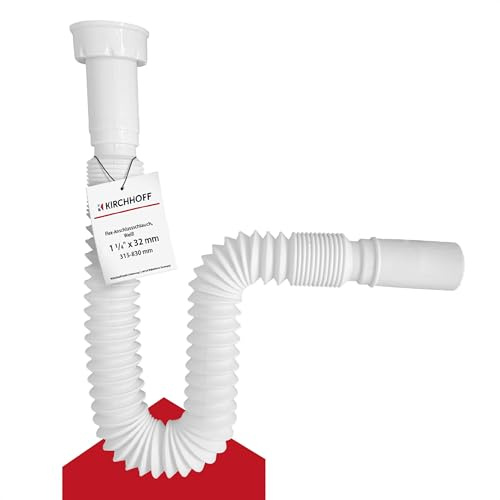KIRCHHOFF 98836748 Siphon flexible 1 1/4 x 32 mm blanc Longueur flexible extensible 340-800 mm Tuyau de vidange avec tuyau de vidange flexible en plastique pour salle de bain