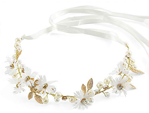 Czemo Blumenstirnband Braut Blumenkranz mit Künstliche Blättern,Blumen und Perle Strass Blumen-Haarbänder Braut Hochzeit Haarschmuck für Damen Mädchen (#1)