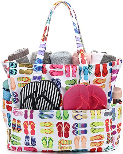 LEDAOU - Grande borsa da spiaggia da donna, impermeabile, con chiusura lampo, per piscina, palestra, viaggi, con tasca per oggetti bagnati, Pantofole