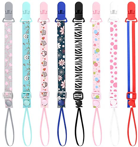 8 Stück Baby Schnullerketten, Schnullerband Clips Baby, Nuckelkette Stoff, Schnuller Halter Leinen Set für Schnuller Baby Jungen Mädchen Zahnen Spielzeug