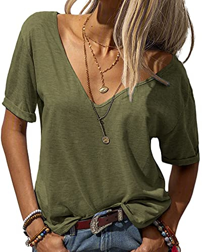 Tankaneo Damen T Shirt Tiefer V-Ausschnitt Oberteile,Armeegrün,M