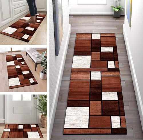 ZUZEKU Küchenläufer Waschbar rutschfest Braun Weiß 70x120cm Flurläufer Korridor Teppichläufer Küchenteppich Schlafzimmer Esszimmer Polyester Meterware Anpassbar