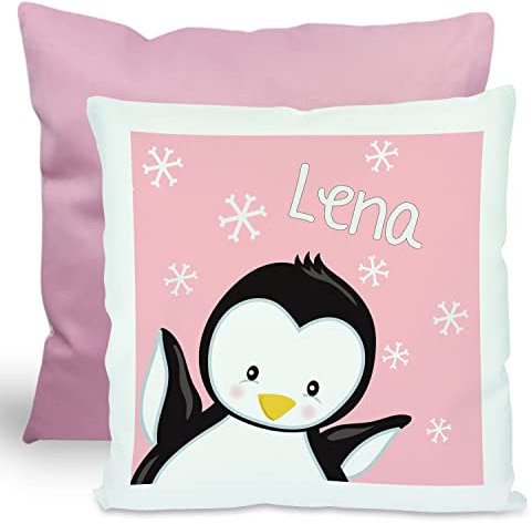 CreaDesign, Kinder Kissen 40x40 cm personalisiert mit Namen, Kinderzimmer Deko Kissen Kinder mit Füllung Federn, Motiv Pinguin rosa, Rückenfarbe Rosa