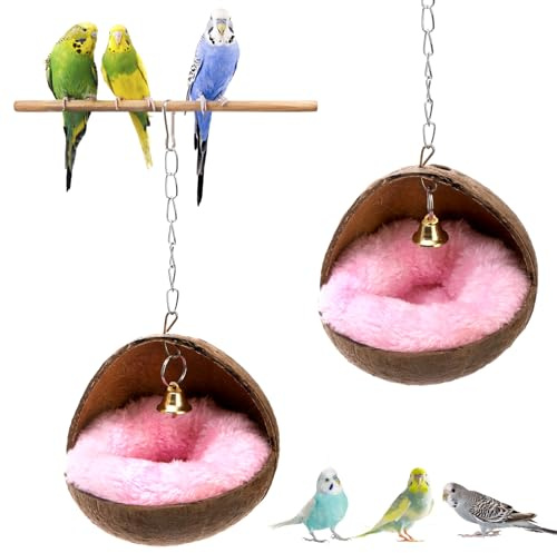 ZENFUN 2er Packs Kokosnuss Vogelnest, Papageien Kokos Haus mit Warmer Matte, Vogelkäfig Hängespielzeug, Natürlicher Holzruhe Brutplatz für Sittich, Nymphensittich, Wellensittiche