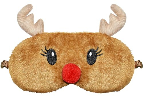 FUNAUPGO Weihnachten Rentier Augenmaske, Süße Tier Lustige Rudolph Schlafmaske Weich Plüsch Augenbinde Schlafbrille Augen Abdeckung für Kinder Erwachsene Mädchen Jungen Mädchen Damen (Rentier, Braun)
