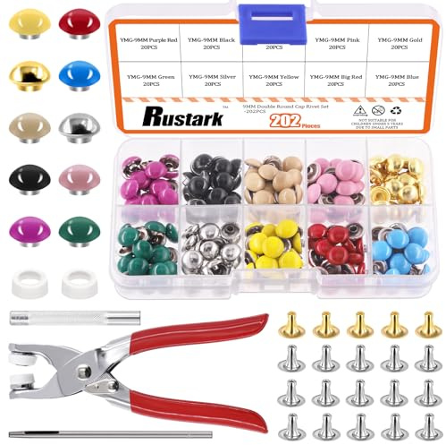Rustark 200 Sets 9mm Runde Doppelkappe Nieten Set mit 5Pcs Fixierwerkzeug, 10 Farben Ledernieten Metall Hohlnieten Round Cap Leather Rivets für DIY Leder Handwerk Dekorationen