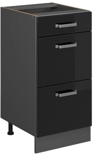 Vicco Küchenunterschrank R-Line, Schwarz Hochglanz, 40 cm | 3 Schubladen · Ohne Arbeitsplatte · Höhenverstellbare Füße · ✓ Leichter Zugriff · ✓ Frei kombinierbar