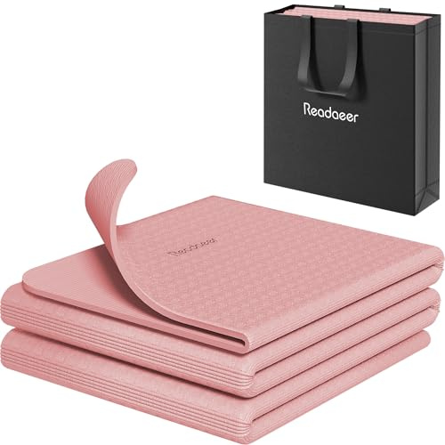 READAEER Foldable Yoga Mat for Travel Folding Yoga Mat 6mm Thick with Carrying Bag, Non-Slip TPE Exercise Pilates Mat for 72 L x 24 W x 0.24 Inch (Pink)