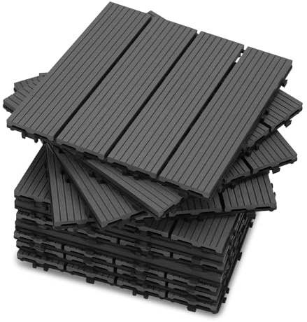 Fiqops Lot de 110 dalles de terrasse WPC 30 x 30 cm pour balcon, jardin, avec système à clic, dalles de terrasse, dalles de balcon, résistantes à l'eau, pour 10 m² anthracite