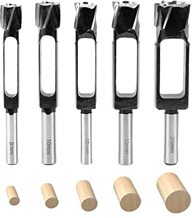 Lot de 5 Foret à tenon profond pour travaux de menuiserie, 8 mm/10 mm/12 mm/15 mm/20 mm Diamètre Coupe-trou pour bois Coffrets de forets (8mm/10mm/12mm/15mm/20mm)