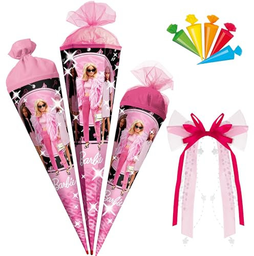 Schultüte - Barbie - 35-85 cm - Größe wählbar - Holzspitze wählbar - inkl. Schleife + 5 kleine Zuckertüten - Zuckertüte - Tüll - oder Filzabschluß - eckig /..