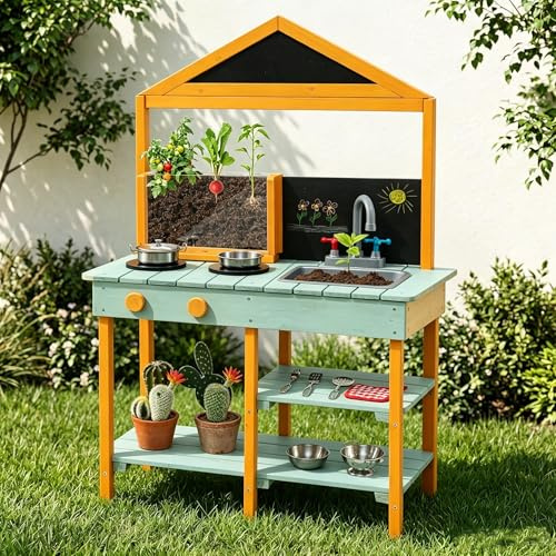DREAMADE Matschküche Kinder Outdoor, Kinderküche Tannenholz, Spielküche mit Wasserhahn, Waschbecken, Herd, Tafel & Pflanzenbetrachter, Outdoor Küche inkl. 8 TLG. Zubehör für Kinder ab 3 Jahren (Grün)