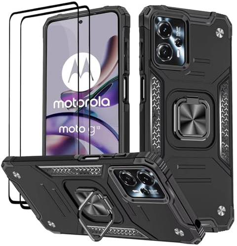 KANSI-fodral till Motorola Moto G13/G23/G53, härdat glas [2-pack] skyddande silikon TPU stötsäker tuff rustning hårt skydd – svart