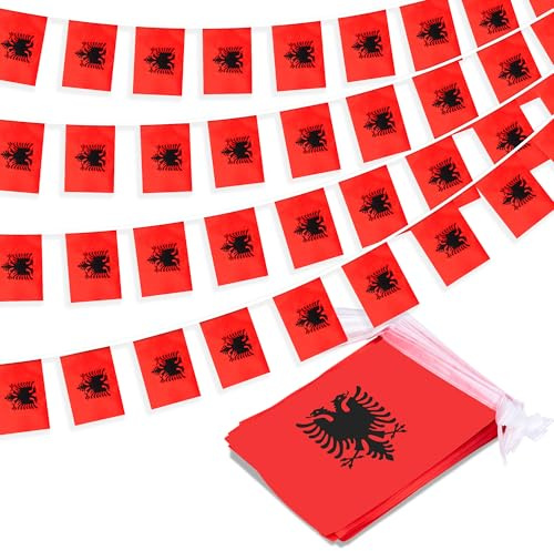 Albanien String Flag Wimpel Banner, Kleine Mini Albanische Flaggen Wimpelkette Banner, Nationale Landdekoration für Schule, Party, Sportveranstaltungen, Patriotisches Festival, 33 Fuß 30 Flaggen