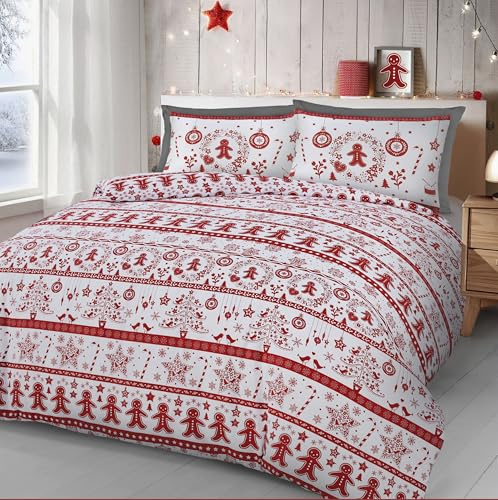 Christmas Gingerbread Robins Festive Duvet Cover Bedding Set Candy Cane Snow Flake Red White Scandi Quilt Cover Bedding Set Cotton Rich Button Enclosure with Pillowcase(s) (Single)
