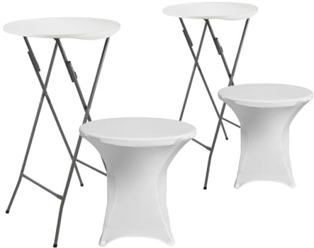 Pack 2 Mesas Altas Plegables Redondas Blancas con Funda 61x105cm 7house