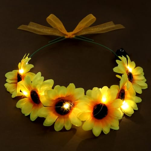 Meleager LED Sonnenblumen Stirnband,leuchtendes Blume Krone,StirnBand Blumenkranz,Sonnenblumen Kopfschmuck für Karneval, Braut, Urlaub am Meer,Party