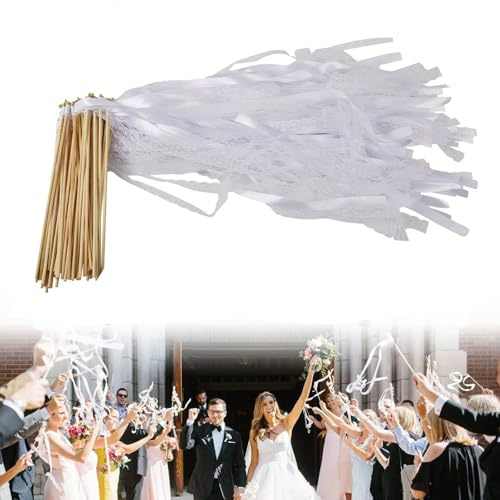 Ruban Mariage,30 Pièces Baguettes de Mariage avec Cloches en Ruban de Soie Blanche Baguettees De Fée Bâton Magiques en Soie Baguette de Ruban Baguette de Souhait pour Fête de Mariage Anniversaires