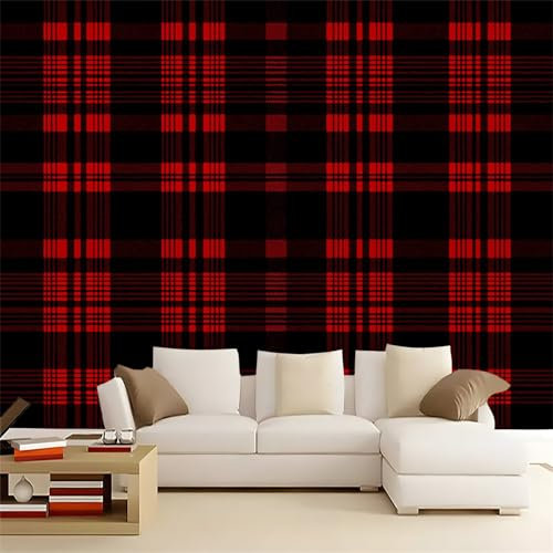 Papier Peint Panoramique Motif à carreaux rouge et noir Taille Personnalisée Disponible, Pour Salon Chambre Décoration Murale rouge Design moderne 200 x 140