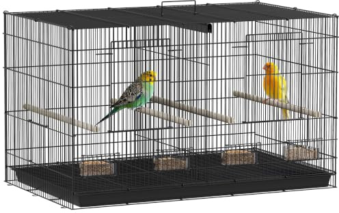 PawHut Bird Cage with Divider, 76 x 46 x 46cm Black | Parrot Cage with 4 Wooden Perches, Slide Out Tray, 4 Feeders for Budgie, Lovebird, Canary, Finches