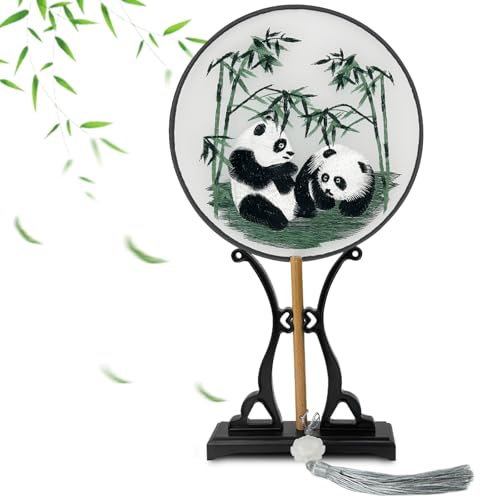 Handfächer im Chinesischen Stil mit Panda Stickerei, Durchscheinender Handfächer aus Seide, Handgehaltener Blumenfächer, Chinesischer Fächer mit Eleganter Quaste, Dekorativer Seiden-Tanz-Fächer