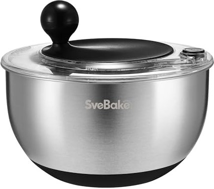SveBake Centrifugadora Lechuga Acero Inoxidable con Botón de Parada, 5.3L Escurridor Verduras con Base Antideslizante, Escurridor Ensalada Sin BPA