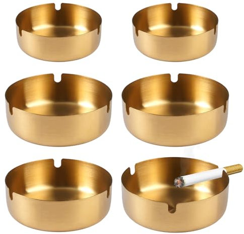 6 Pezzi 10/8cm Portacenere in Acciaio Inox da Esterno, Posacenere Rotondo da Tavolo, Posacenere Interno con 3 Grooves, Rotondo Antivento Posacenere Portatile Oro per Giardino Bar Ristorante Ufficio