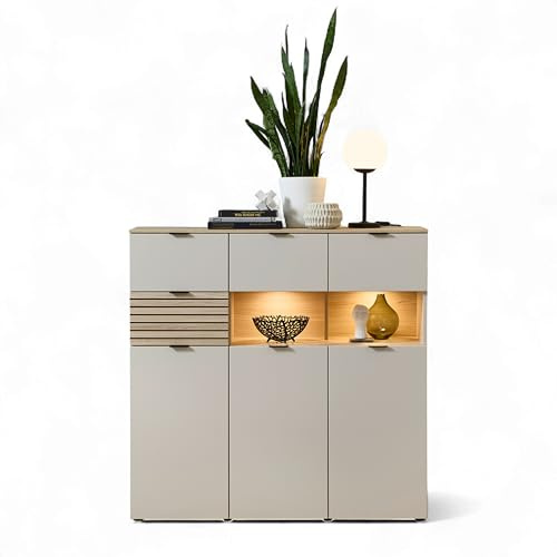 INA Highboard Kaschmir Riva Eiche Optik 125 x 125 x 45 cm (B/H/T) | Wohnzimmerschrank mit LED-Beleuchtung, 4 Schubladen, offenen Fächern, Lamellenoptik und schwarzen Metallgriffen