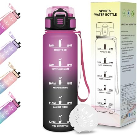 Motswedi Borraccia Bambini, 500ml Senza BPA, Design della serratura a prova di perdite, Borraccia Motivazionale, Con marca temporale, per Scuola, Sport e Trekking - Viola&Nero