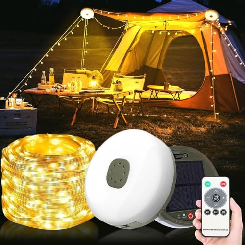 Solar Lichterkette Outdoor 10M 100 LED , 8 Modi, USB Wiederaufladbar, Wasserdicht & Tragbar, Warmweiß Solarlampe für Garten, Camping, Zelt, Terrasse & Balkon