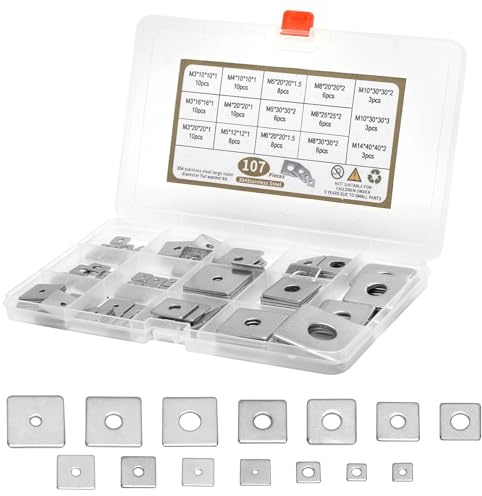 APOMOONS Lot de 107 Rondelles Metal Carrées M3 M4 M5 M6 M8 M10 M14 en Acier Inoxydable avec Trou Rond Rondelles Carrées pour Boulons et Tiges Filetées