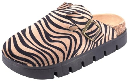 JOMIX Zapatillas Casa Mujer Zuecos Piel con Hebilla Jardín Zapatillas con Suelas Cómodas Mujer Pantuflas Casa Cerradas con Plataforma WCT255085, Cebra, 41 EU