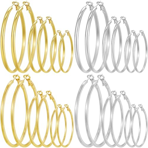 12 Pairs Hoop Earrings for Women, Hypoallergenic Stainless Steel Gold Plated Hoops Silver Plated Hoop Earrings Set, Lightweight Large Small Hoops Women Earrings Loop Earrings Set
