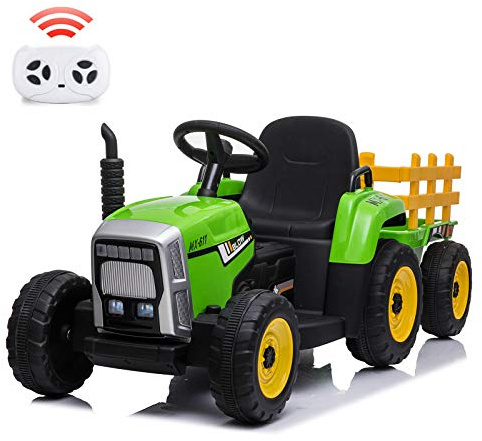 Garvee Trattore Elettrico Per Bambini 12v Con Paletta e Rimorchio Rimovibile, Luci LED, Musica, Clacson, Telecomando 2.4 g, 2-6 km/h | Veicolo Cavalcabile Con Radiocomando Per Bambini Da 3 Anno in Su