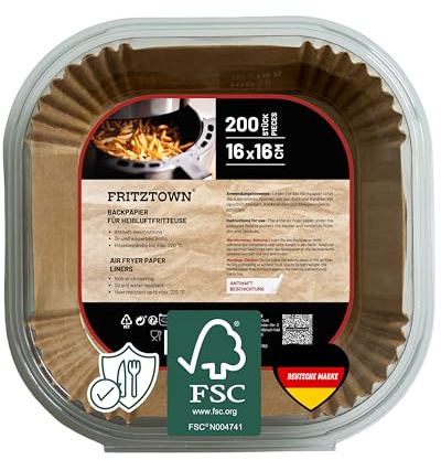 FRITZTOWN Air Fryer Paper | Antihaft Backpapier für Heißluftfritteusen, Mikrowelle & Backofen | Hitzebeständig & Fettdicht (200 Blatt, 16x16 cm Quadratisch)