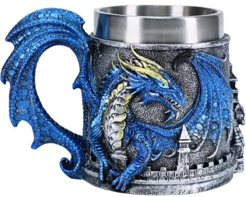 ZONSUSE Mittelalter Drache Tasse, Fantasy Drachen Becher mit Edelstahl Innenbecher, Mittelalter Schloss Design, Magischer Dragon Tankard, Geschenk für Männer, Gothic Fans 450ml(Blau Dragon)