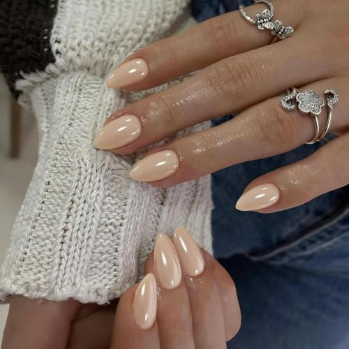 KQueenest 30 Stück Chrome Nude Press On Nails Kurz Mandel - Sparkle Glitzer Acryl Nägel zum Aufkleben, Natürlich Einfarbig Fake Nails Fingernägel, Glänzende Gel Full Cover Kunstnägel für Frauen