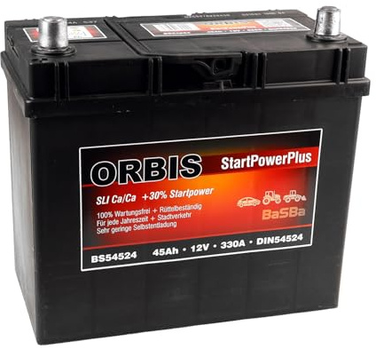 Autobatterie 12 V 45 Ah 330 A – wartungsfreie Starterbatterie Orbis BS54524 DIN 54524, Pluspol links, gefüllt & geladen, zuverlässig für PKW | BaSBa 4919