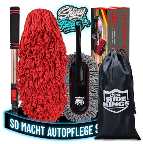 Clean RIDE KINGS Premium Products Auto Putzset, Teleskopwedel & Bürste | Gewachste Baumwolle für Lack & Mikrofaser für Armaturenbretter. Kratzfreie Pflege, inklusive Tasche.