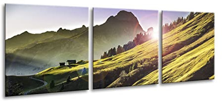 artissimo, Glasbild mehrteilig XXL, 3-teilig ca.150x50cm, AG4022A, Berglandschaft, Berge grün, Bild aus Glas, moderne Wanddekoration aus Glas, Wandbild Wohnzimmer modern