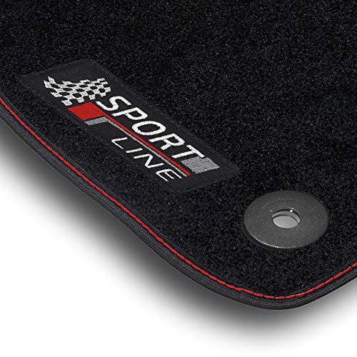 Bär-AfC Auto Fußmatten Sport Line passend für VW Polo 9N 9N3 2001-2009 BEF oval, Autoteppiche Nadelvlies Schwarz, Bandeinfassung mit Roter Ziernaht, Stick Rot & Grau, Set 4-teilig, VW04548