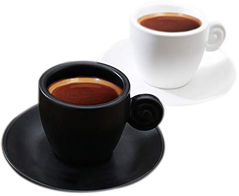 Lot de 2 tasses à café expresso en céramique mate avec soucoupes - 90 ml - Noir mat et blanc