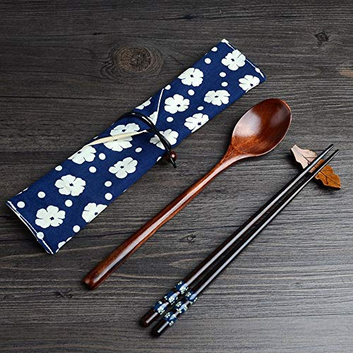 Hongyantech Essstäbchen Löffel Set Japanische Natur Chopsticks stäbchen aus umweltfreundlichem hölzernen Blue