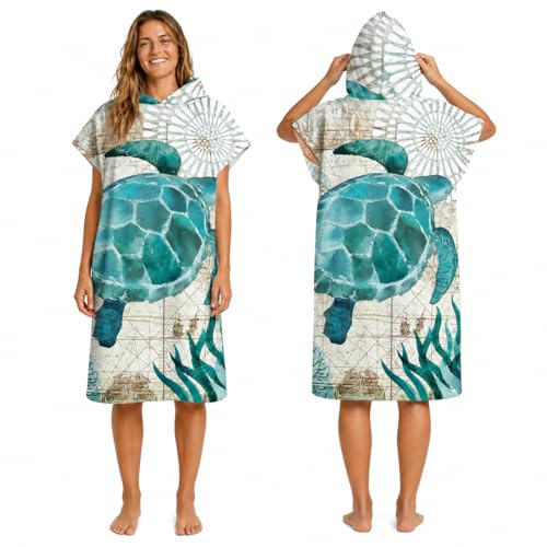 Odot Serviette Poncho de Surf, Microfibre à Séchage Rapide en Tissu Surfing Changement Robe à Capuche Poncho Plage à Langer Peignoir Natation pour Adulte Large (75x110cm,Tortue)