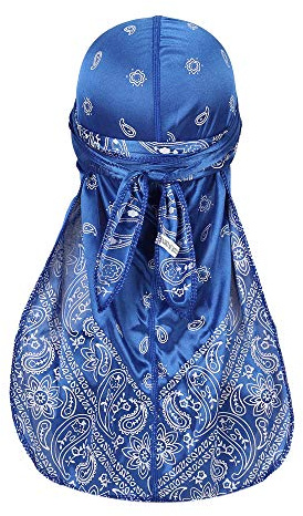 Assorted Paisley Bandana Doo rag Cap Headwraps Men's Women's Silk Durag with Long Tail and Wide Straps for 360 Waves (Blue)