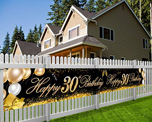 HOWAF Lange Banner für 30. Geburtstag Deko Mann Frau, Stoff Banner für 30. Geburtstag Dekoration für Garten Tisch Mauer Hintergrund Deko Poster, 9 x 1.2 Fuß, Schwarz und Gold