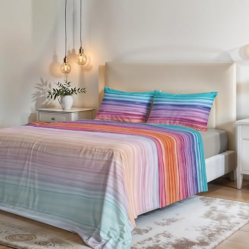 COMPLETO LETTO MATRIMONIALE NO STIRO FANTASY-Prodotto in Italia - Microfibra - Sopra 240x270 cm, Sotto 170x200 cm con Angoli Elasticizzati 25 cm, 2 Federe 50x80 cm - Rainbow