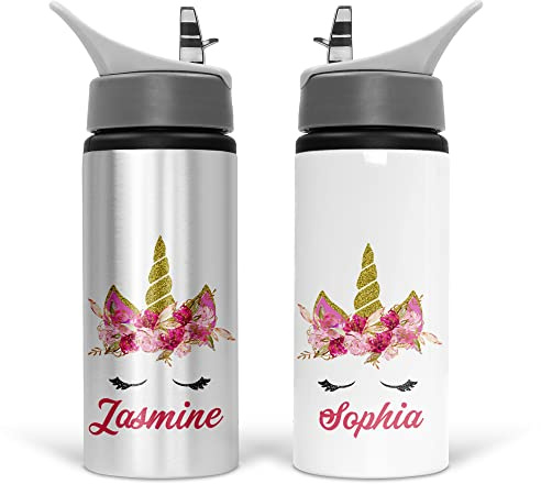 Print Maniacs Personalised Water Bottle Unicorn School Sport Drink 600ml Leakproof Spill Proof Aluminium Hot Cold Flip up Kid Boys Girls Biking Gift Unicorn Head (Add Name)